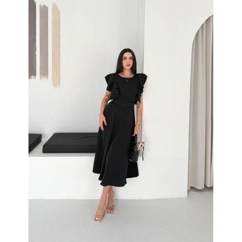 Kadın Bisiklet Yaka Kollar Fırfırlı Kemer Dahil Double Kumaş Midiboy Elbise