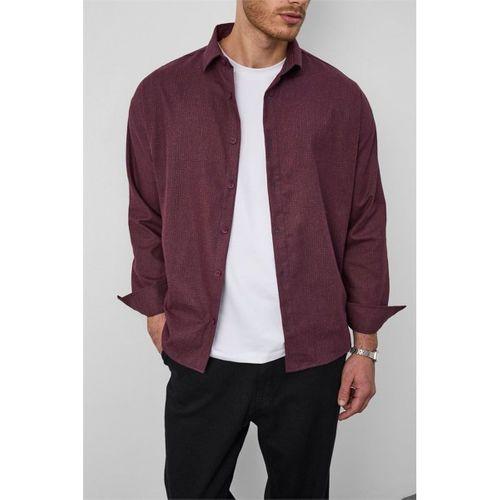Pixel Relaxed Fit Pamuklu Mikro Çizgili Flanel Erkek Gömlek - Bordo