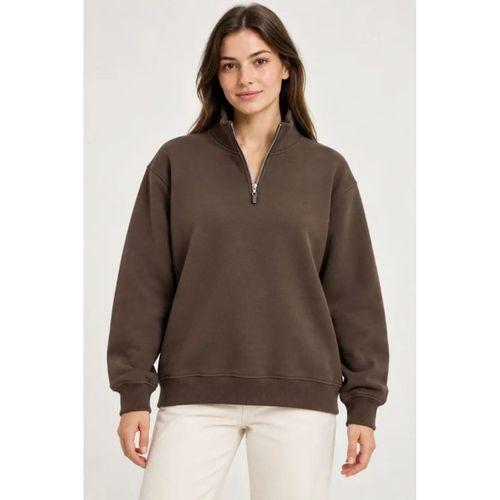 Üç İplik İçi Şardonlu Dik Yaka Yarım Fermuarlı Kışlık Sweatshirt - Kahverengi
