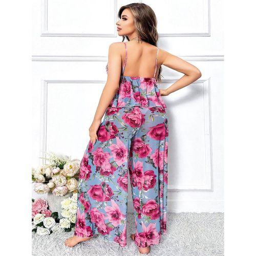 Özel Tasarım Büyük Beden Kırmızı Çiçek Desenli Bol Kesim 2'li Pijama Takımı