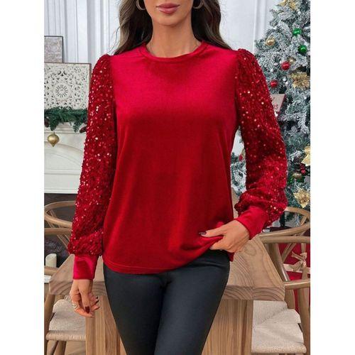 Kadın Uzun Kollu Bisiklet Yaka Kollar Pulpayet Kadife Bluz