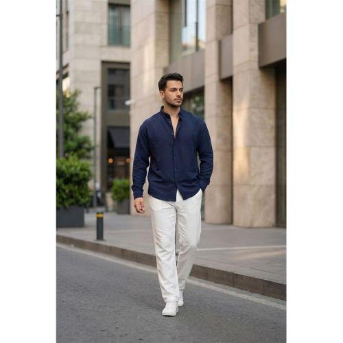 Scott – Soft Dokulu Yarım Oversize Modern Erkek Gömlek - Lacivert