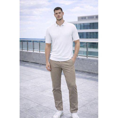 Elatus Çizgili V Yaka İnce Triko Relaxed Fit Polo Yaka Erkek T-Shirt - Ekru