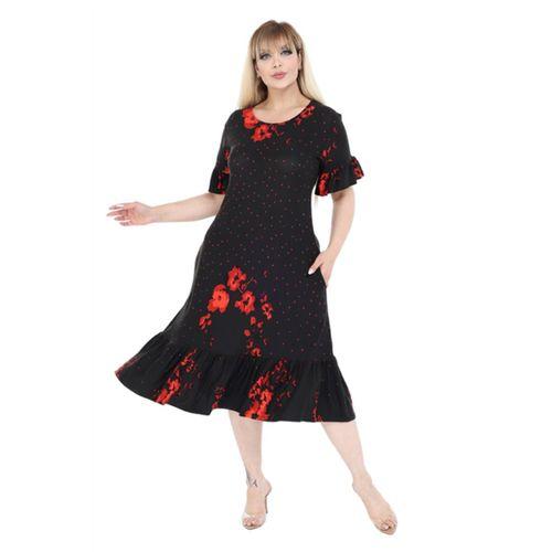 Melsay Butik Kolları ve Eteği Fırfırlı Kırmızı Puanlı Gelincik Desen Cepli Kadın Elbise