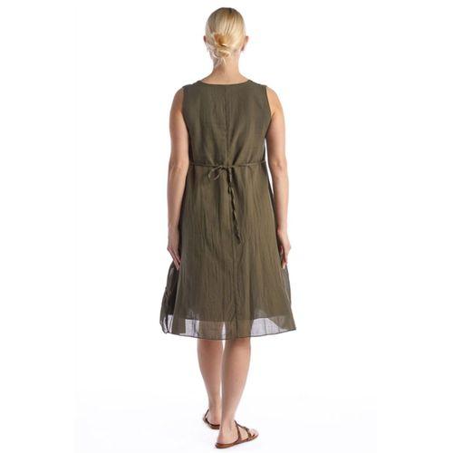 Kolsuz Haki V Yaka Yazlık Nakışlı Otantik Vual Kısa Elbise