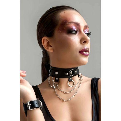Zincir ve Halka Detaylı Şık Deri Choker Tasma Boyunluk Aksesuarı