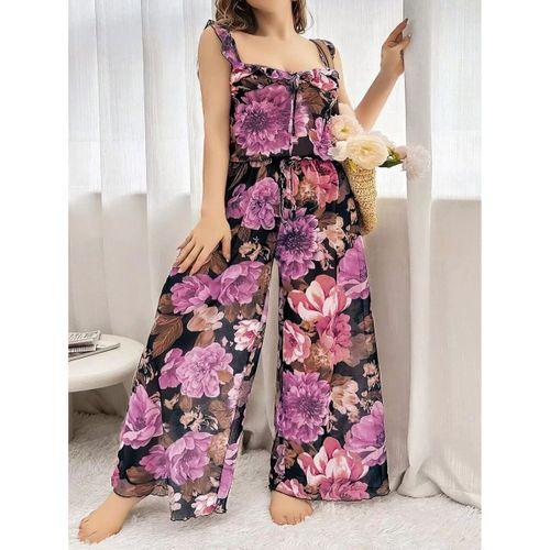 Özel Tasarım Büyük Beden Çiçek Desenli Bol Kesim 2'li Pijama Takımı