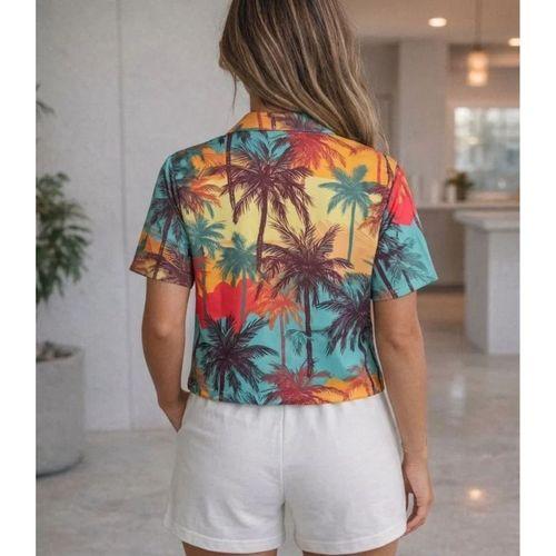 Tropikal Palmiye Desenli Kısa Kol Gömlek Şort Takım Yazlık Rahat Kalıp - Desenli