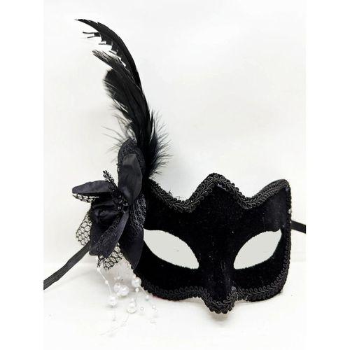 Siyah Süet Yandan Tüylü İncili Parti Maskesi
