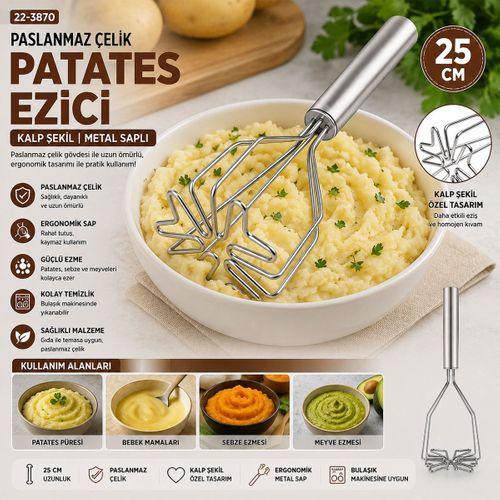 Kalp Şekilli Metal Patates Ezici 26 cm (Krom Saplı, 9 cm Başlık)