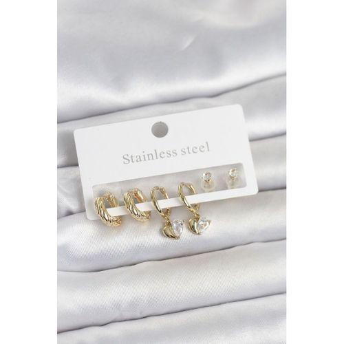 316L Çelik Gold Renk Kalp Detaylı Kadın Küpe Seti