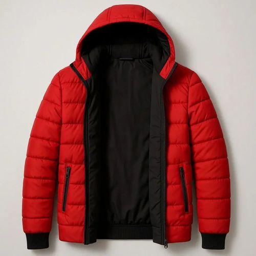 Erkek Şişme Kapüşonlu Fermuarlı Mont Su Itici Kapitone Astarlı Kumaş Cepli Kışlık Rahat Kalıp - Kırmızı