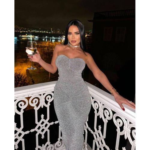 Straplez Simli Uzun Elbise