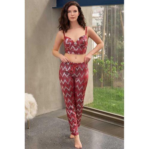 Kadife Balenli Destekli Dolgulu Parlak Baskılı Fermuar Detaylı Büstiyer Ve Pantolon Pijama Takımı