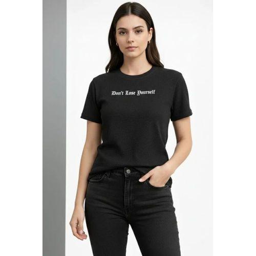 Wafıl Kumaş Tişört Regular Kalıp Bisiklet Yaka Baskılı Günlük Basic T-Shirt - Siyah