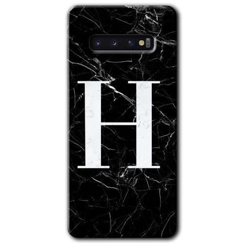 Samsung Galaxy S10 Kılıf HD Desen Baskılı Arka Kapak + Temperli Cam - Siyah Mermer Desenli H Harfi