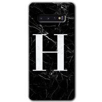 Samsung Galaxy S10 Kılıf HD Desen Baskılı Arka Kapak + Temperli Cam - Siyah Mermer Desenli H Harfi