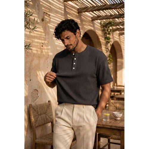 Roth Relaxed Fit Günlük Henley Yaka Waffle Kumaş Yazlık Kısa Kollu T-Shirt - Füme
