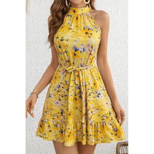 Kadın Omuzlardan Açık Balıkçı Yakalı Kuşaklı Desenli Kısa Süprem Elbise