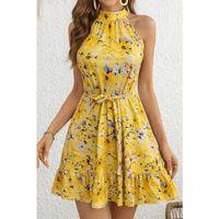 Kadın Omuzlardan Açık Balıkçı Yakalı Kuşaklı Desenli Kısa Süprem Elbise