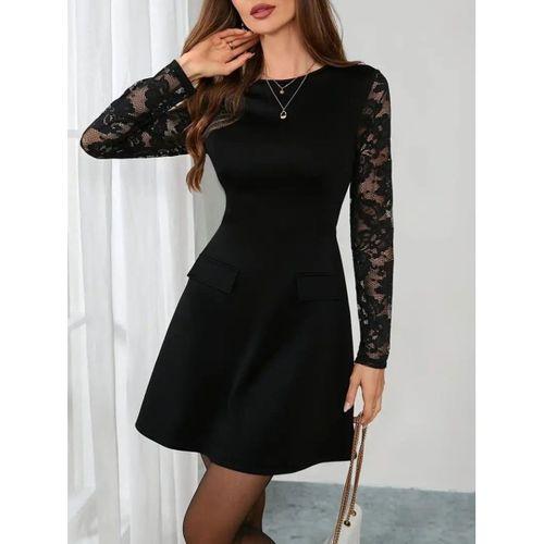 Kadın Uzun Kollu Bisiklet Yaka Kolları Tül Detaylı Mini Ithal Krep Elbise