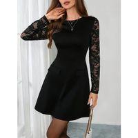 Kadın Uzun Kollu Bisiklet Yaka Kolları Tül Detaylı Mini Ithal Krep Elbise