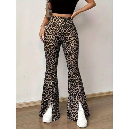 Kadın Yüksek Bel Leopar Desenli Yırtmaçlı Dalgıç Tayt