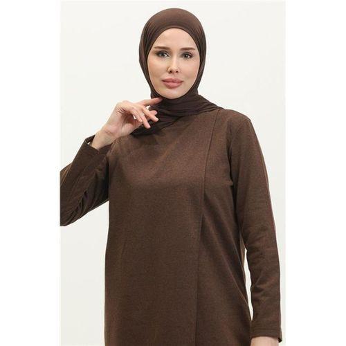 Kruvaze Bisiklet Yaka Sade Basic Tunik Panolon İkili Takım - 03076.028 - Kahverengi