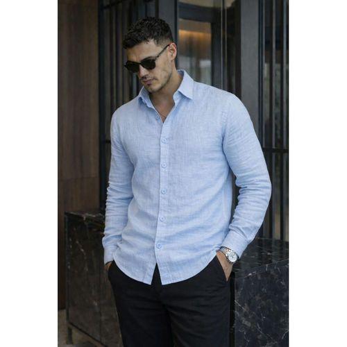 Nefes Alabilir Yarım Oversize Müslin Kumaş Uzun Kol Yakalı Erkek Gömlek - Buz Mavi