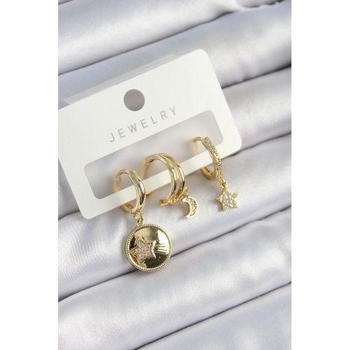 Pirinç Zirkon Taşlı Yıldız Ve Ay Model Gold Renk 3'lü Çift Kadın Küpe Set