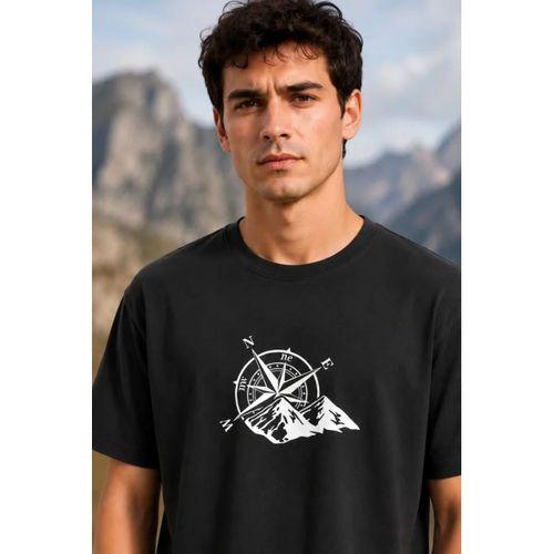 Erkek Outdoor Pusula Dağ Baskılı Kısa Kollu Oversize T-Shirt - Siyah