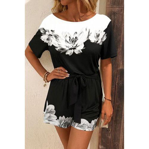 Kadın Tek Omuzu Açık çiçek Desenli Beli Kuşaklı Iki Iplik Mini Short Tulum