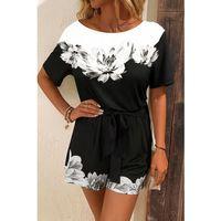 Kadın Tek Omuzu Açık çiçek Desenli Beli Kuşaklı Iki Iplik Mini Short Tulum