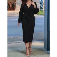 Kadın Uzun Kollu Kruvaze Yaka Belden Kuşaklı Midi Ithal Krep Elbise