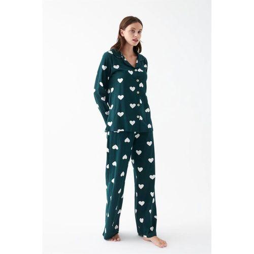Kadın Zümrüt Yeşili Kalp Desenli Düğmeli Pamuklu Pijama Takımı