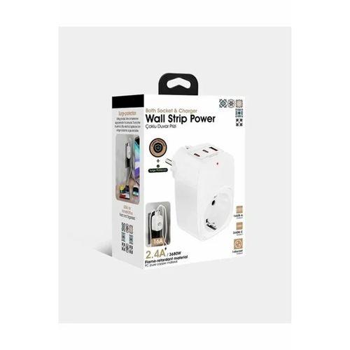 Tekli Yüksek Voltaj Korumalı Duvar Prizi 2x Type-c 1x Usb Çıkışlı Priz Grup Priz Çoğaltıcı Beyaz