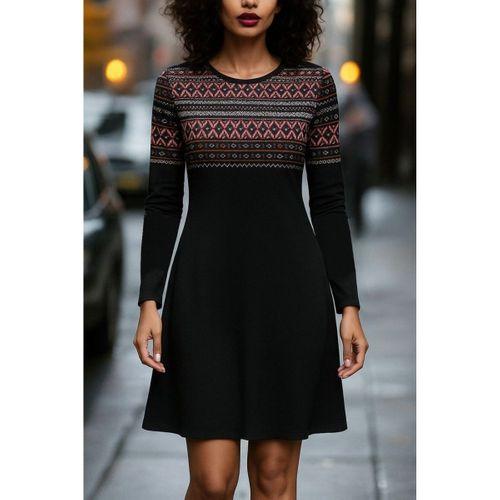 Kadın Uzun Kollu Bisiklet Yaka Etnik Desenli Kısa şardonlu Dalgıç Elbise