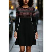 Kadın Uzun Kollu Bisiklet Yaka Etnik Desenli Kısa şardonlu Dalgıç Elbise