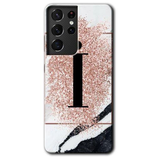 Potkal Hediye Fabrikası Samsung Galaxy S21 Ultra Kılıf HD Desen Baskılı Arka Kapak - Pembe Mermer Desenli İ Harfi