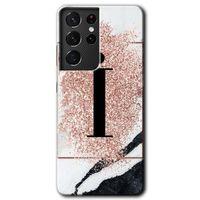 Potkal Hediye Fabrikası Samsung Galaxy S21 Ultra Kılıf HD Desen Baskılı Arka Kapak - Pembe Mermer Desenli İ Harfi