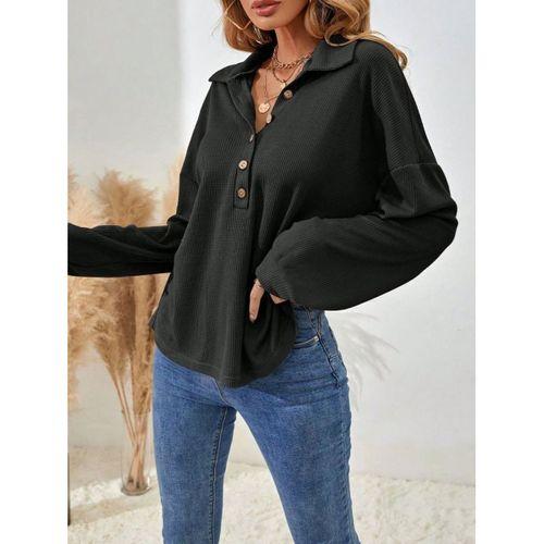 Kadın Uzun Kollu Yakalı Düğmeli Salaş Waffle Bluz